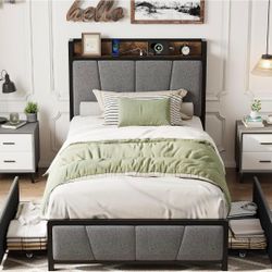 Twin Size Bed Frame with 2 Storage Drawers & Charging Station, Gray
Corduroy Fabric Upholstered Shelf Headboard, Under Bed Storage, No Box Spring Need