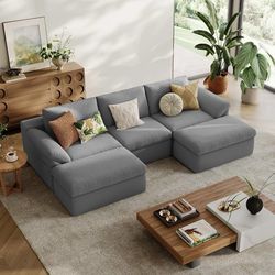 109" Modular Couch Modern Boneless Cloud Couch, U Shaped Sofa with Movable Ottomans, Deep Seat Corduroy Sectional Couches for Living Room, Apartment, 