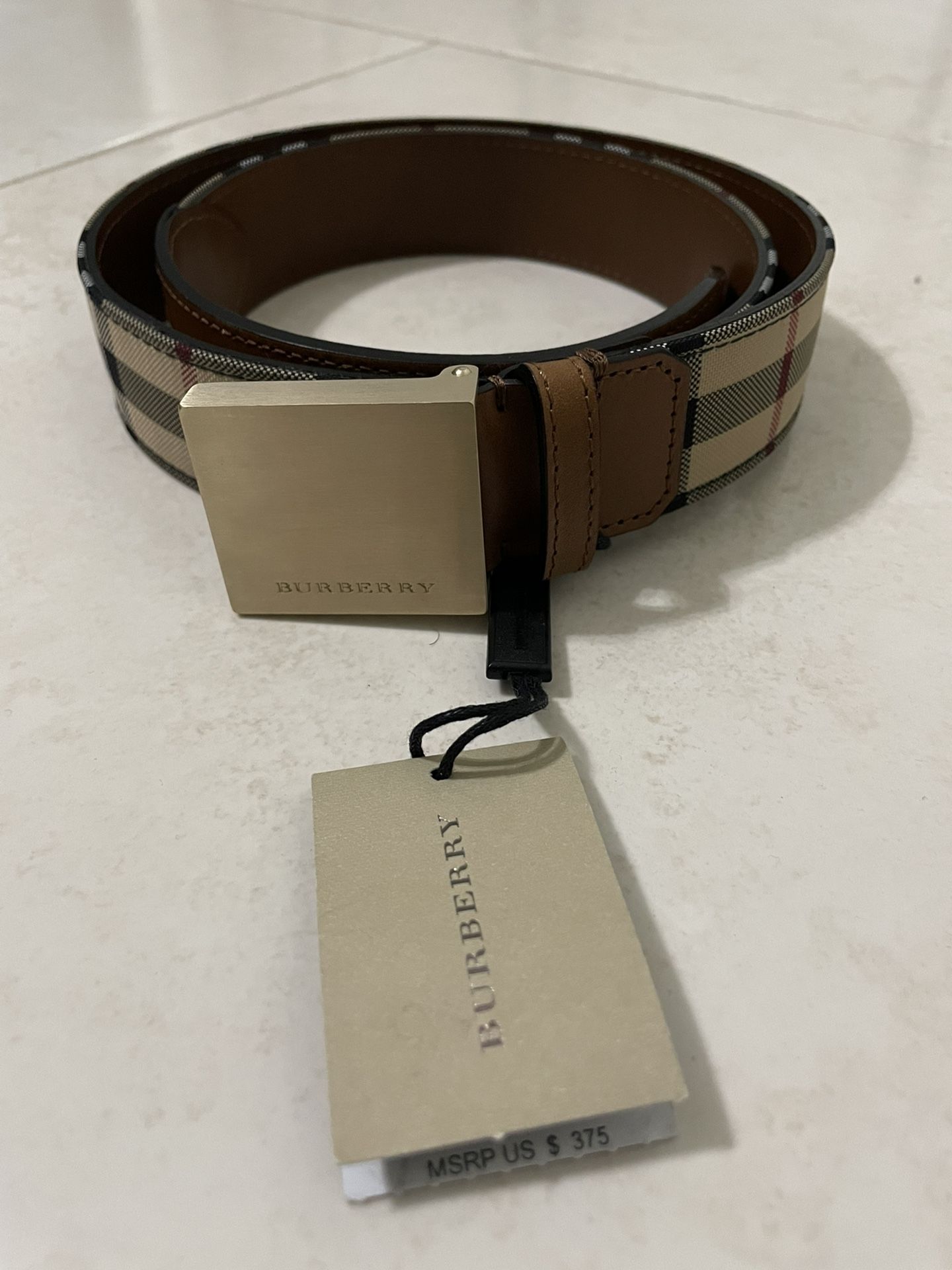 Men’s Burberry Horsefrry Check Brown Beige Leather Belt 36/90