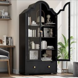 71" Tall Arched Bookcase, Arched Display Cabinet With Glass Doors, Drawer And Shelves