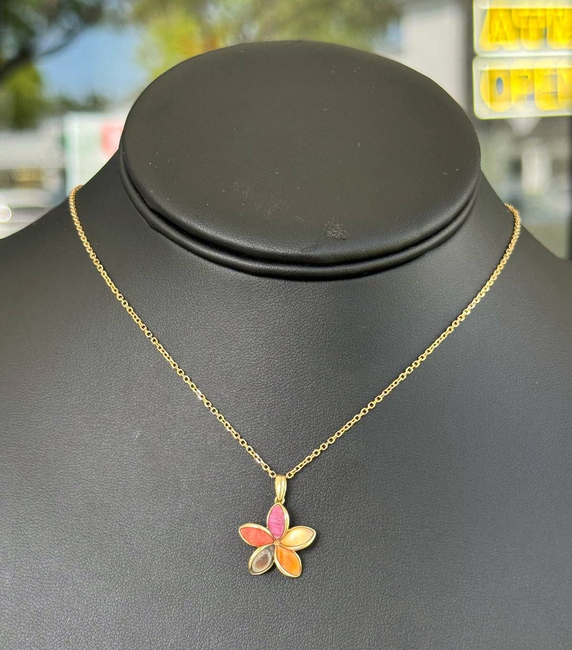 Jewelry 14k yellow gold flower multi color stone pendant chain necklace 17.25” 1.00mm