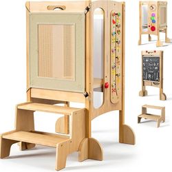 FlyingBoom Foldable Toddler Tower, Kitchen Stool Helper with 2 Step Stool, Toddler Standing Tower for Kids with Safety Net, Adjustable Height, Chalk-W