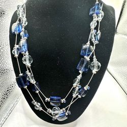 Blue and Silver Multi Layer Wire Beaded Fashion Necklace