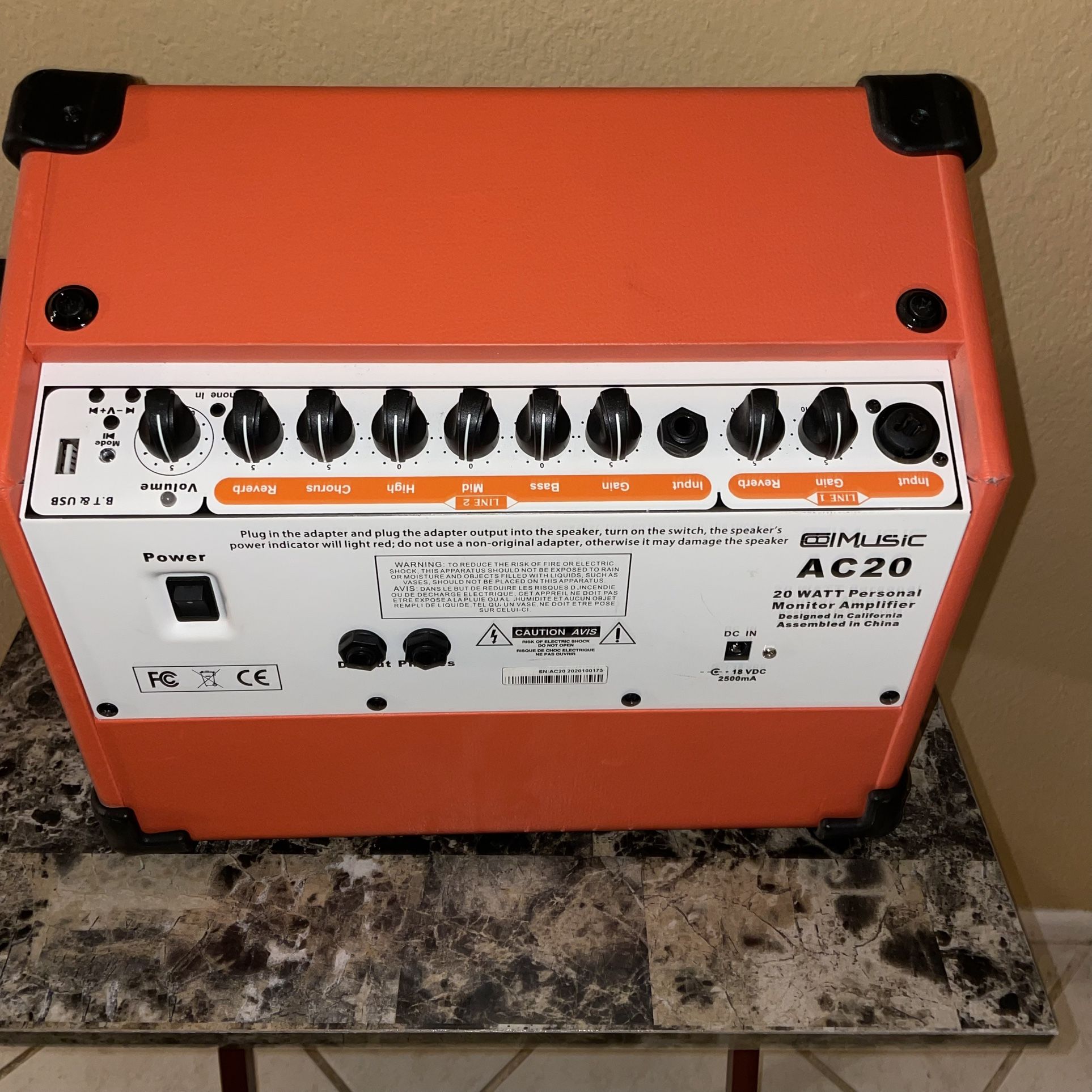 Acoustic Guitar Amplifier, 20 Watt Cool Music - Bluetooth Reverb Chorus Effect 3 Band EQ