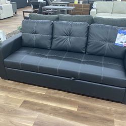 New In Box Black Faux Leather Sofa Couch With Pop Up Sleeper Bed 