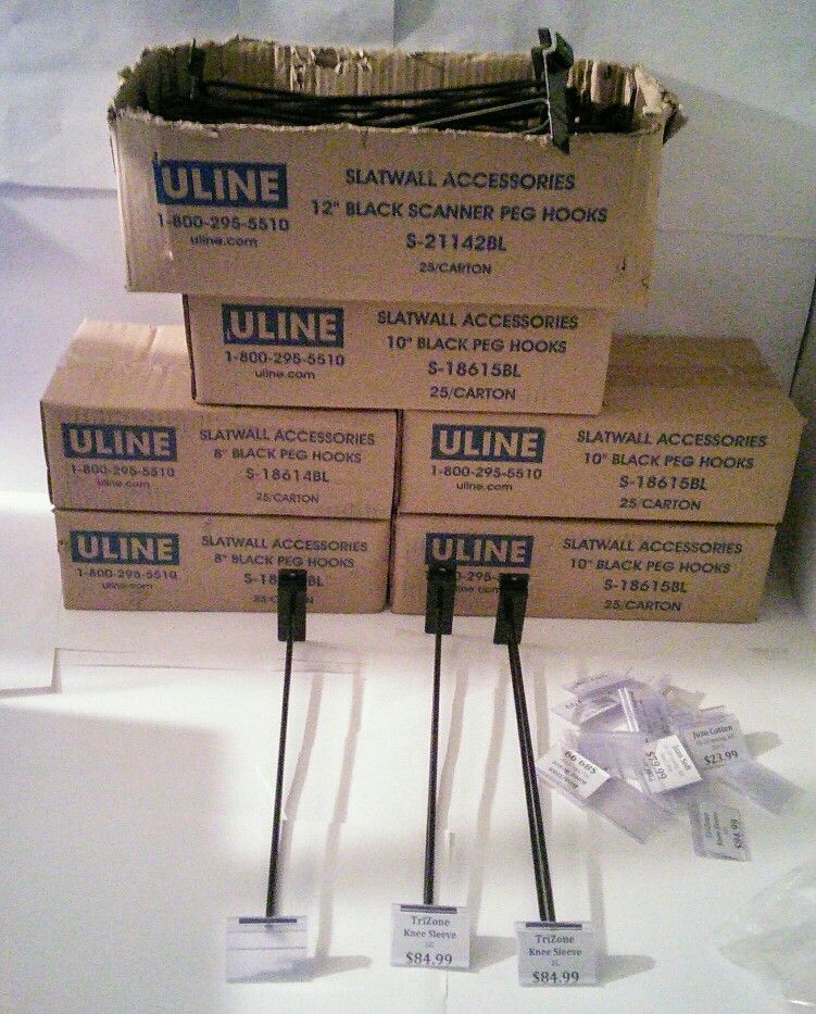 Uline Black Slatwall Peg Hooks & Scanner Hooks 8", 10", 12" Most New