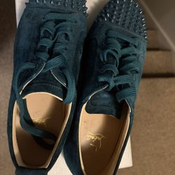Christian Louboutin Men's Louis Junior Spikes Low-Top Suede Sneakers Green