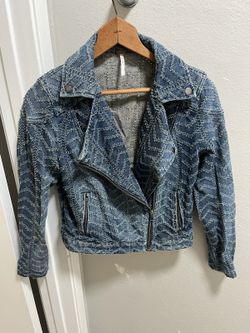 Free People Women's Blue Chevron Moto Biker Jacket Sz S