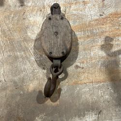 Antique Wood Pulley W/hook 