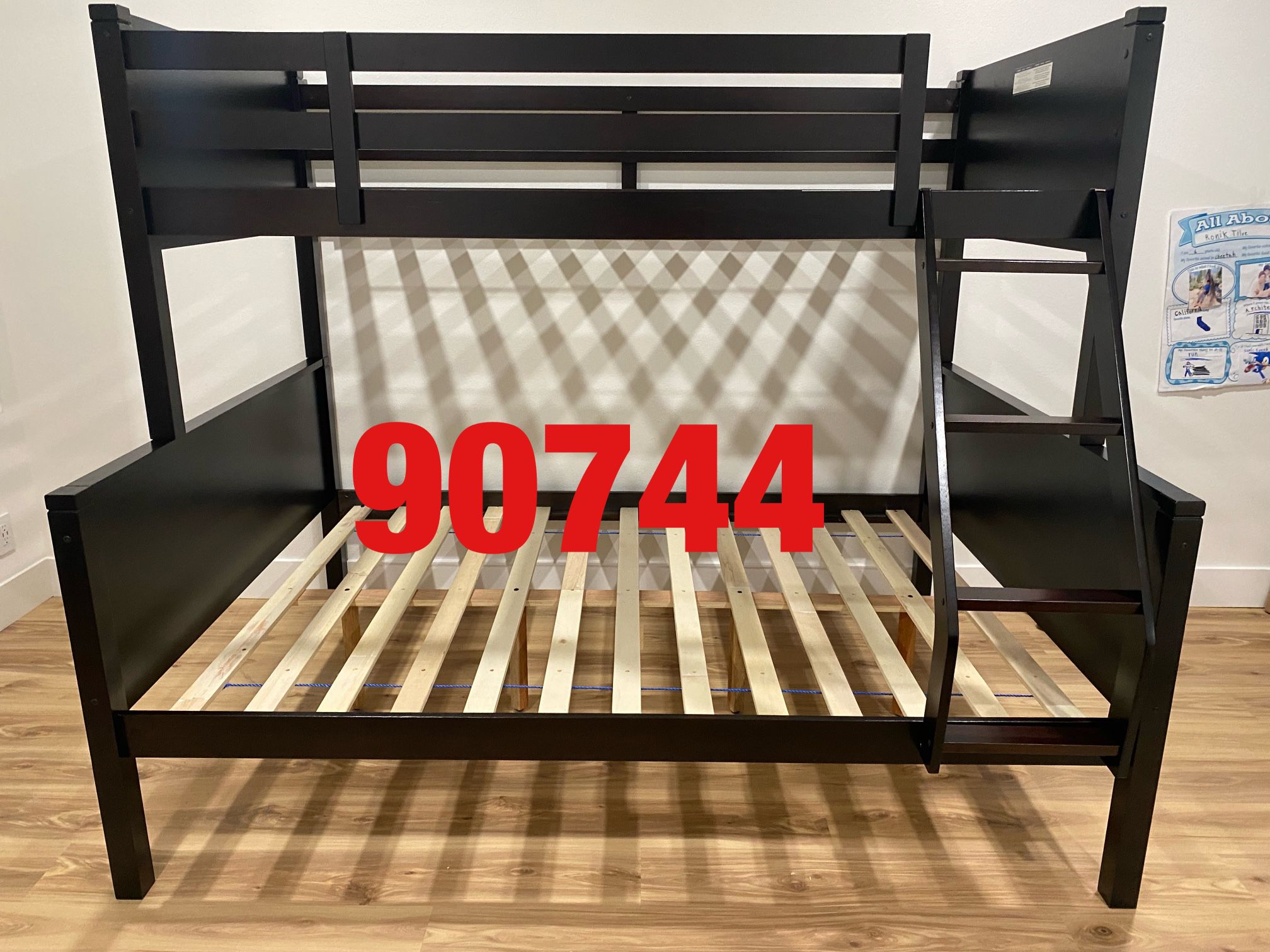  Espresso twin over full bunk bed. Assembly required. Assembly not included. Free delivery-$450.00 Colors: espresso & white. Assembly is an extra -$15