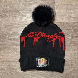 Ed Hardy Beanie One Size Black Red Drip Logo Pom Pom Hat