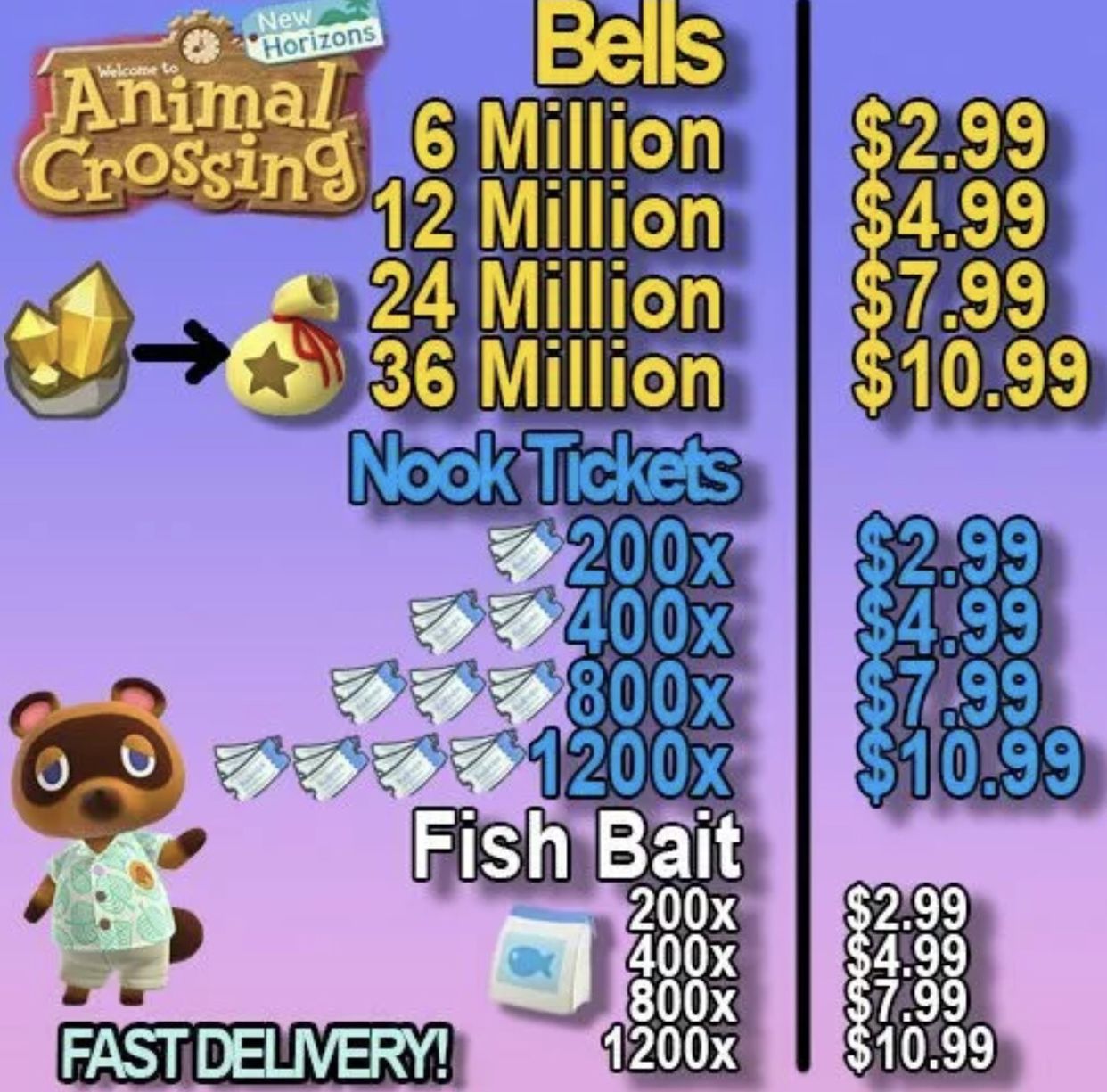 Nintendo Switch Animal Crossing Items Bells NMT (full Inventory For $5)(12 Million Bells Or 400 NMT)