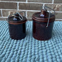 Vintage Brown Canisters Lot Of 2 with Wire Lids 