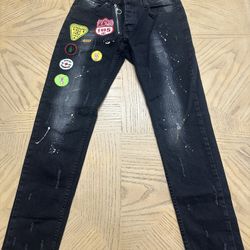 Mens black button fly distress splatter patches skinny jeans  Size 33x30