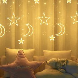 1pc 3.5m Warm Light Led Star And Moon String Lights With Flashing Effect, For Wedding, Tapestries, Bedroom, Living Room, Window, Curtain, Star And Moo