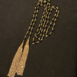 42” Gold And Black Crystals Knotted Necklace With Dangling Gold Chains