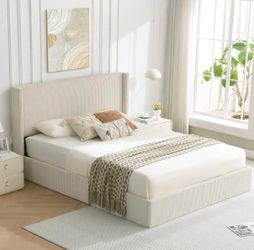 Full Size Corduroy Upholstered Wingback Bed with Hydraulic Storage