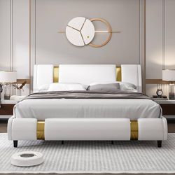 Queen Size Modern Faux Leather Upholstered Platform Bed Frame with Golden Iron Metal Decor, Adjustable Curved Headboard, Wooden Slats Support, No Box 