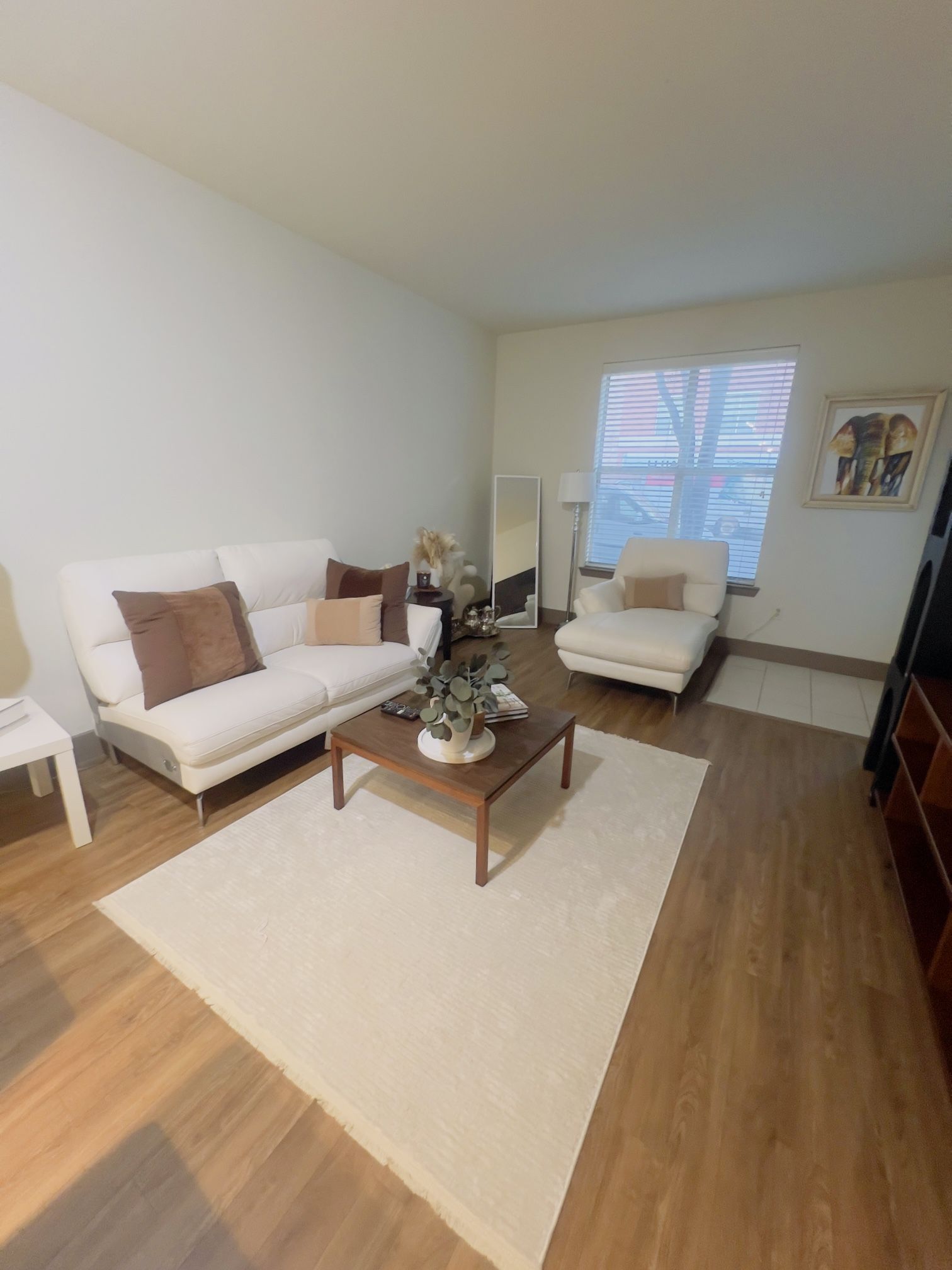 White Sectional Couch, Brown Coffee Table, TV Stand
