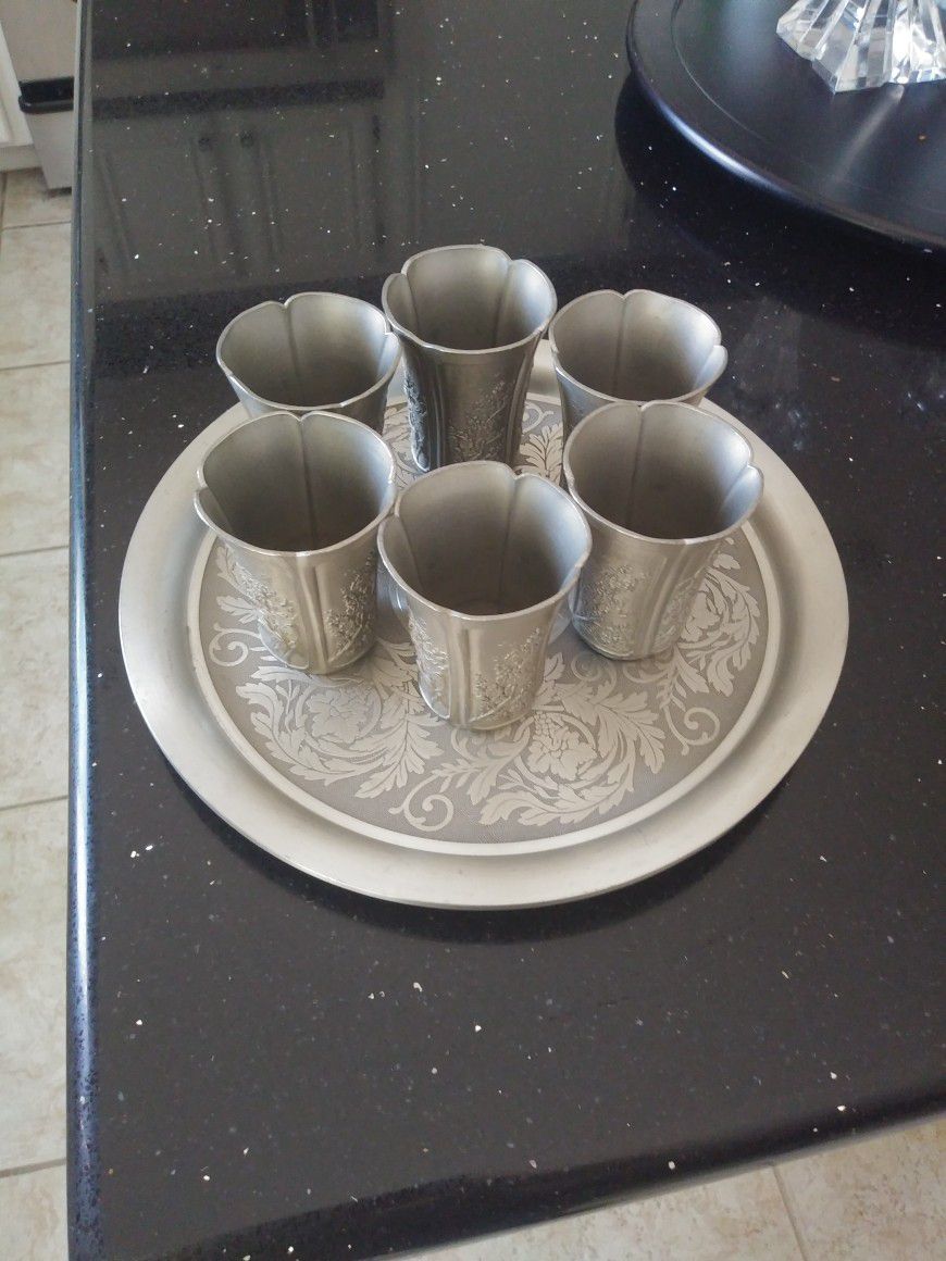 Solid Pewter Cups And Tray