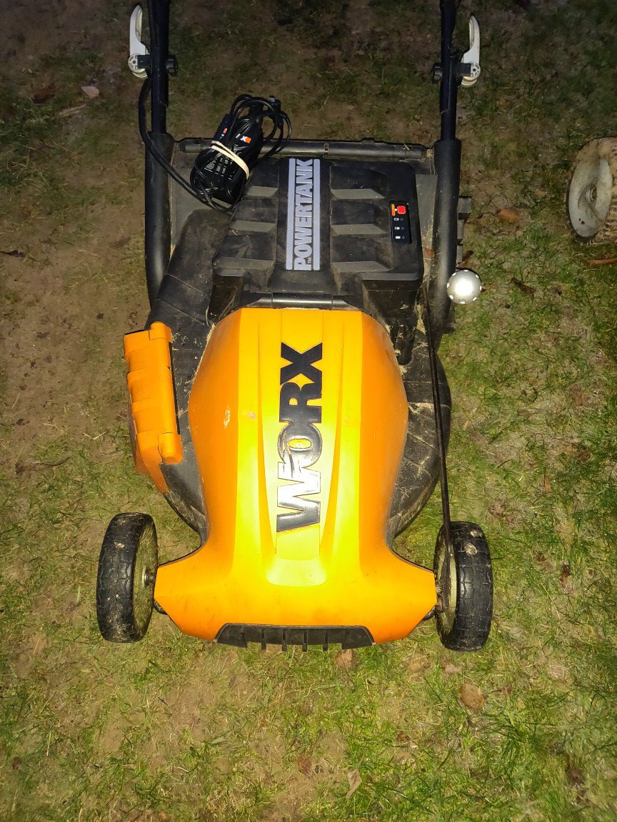 Worx power tank rechargeable battery powered lawn mower