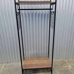 Black Metal Garment Rack with Wood Shelves