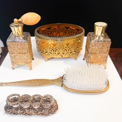 Antique 24k Gold Plated Filigree Vanity Set  - 5 Pieces
