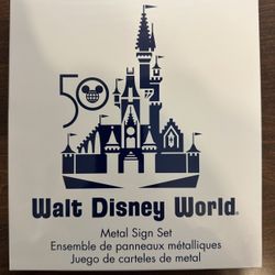 Walt Disney World 50th anniversary set of 3 Metal Sign Set NIB. Collector piece from WDW 50th anniversary. 