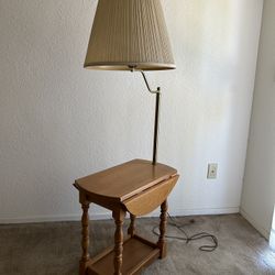 Antique Solid Wood Side Table With Lamp Attached (see description)