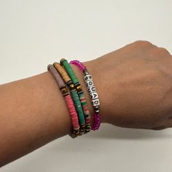 Boho Heishi Clay Bead Bracelet Stack Y2K Multi Color Squad Letter Bead Stretchy