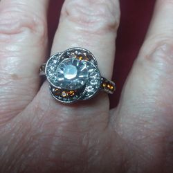 Size 10 White Gold Flower Shape Ring With Clear And Brown Crystal's For Any Occasion