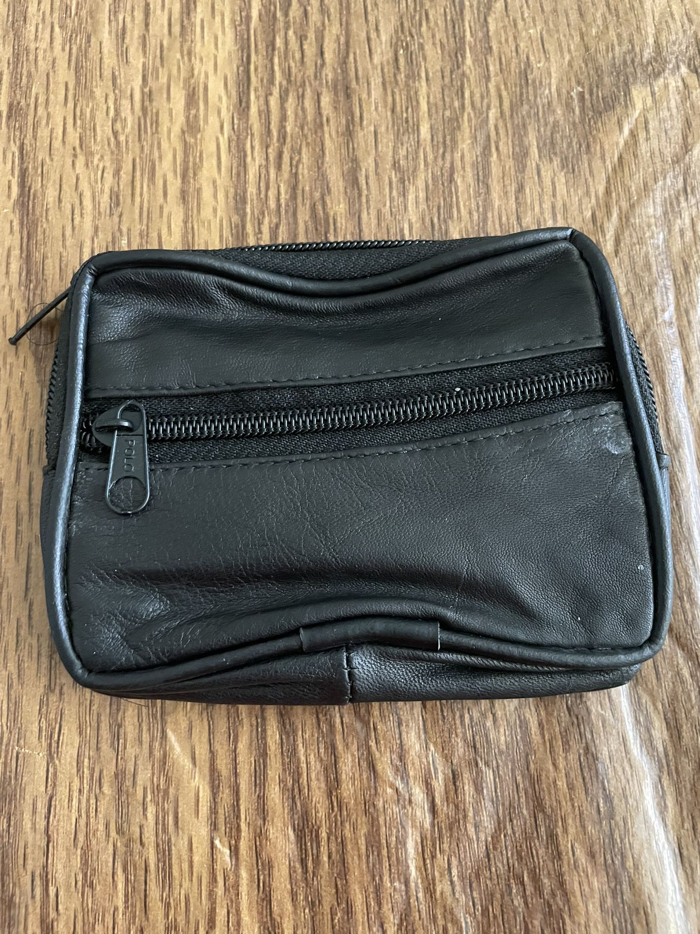 NIB - black leather wallet with 3 zippers and attached key ring inside 