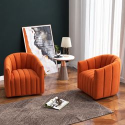 New Set of 2 Orange Velvet Swivel Accent Chairs, 29-Inch Wide Oversized Pumpkin Barrel Armchairs for Living Room or Bedroom New in box VD614OG The 29