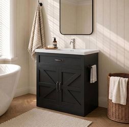 31 Inch Bathroom Vanity with Sink, Drawer and Barn Doors Cabinet, Black
Farmhouse Freestanding Bathroom Vanity Cabinet, U-shaped Drawer, 2 Soft Closin