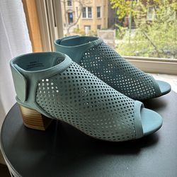 Blue Perforated Block Heel Booties-Size 7