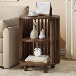 Round End Table, Wood Bedside Table, Mid Century Modern Nightstand with Open Storage Shelf, 3 Tier Small Side Tables for Living Room, Bedroom, Curved 