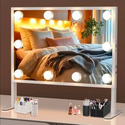 Vanity Mirror with Lights, 15.7" x 20.8" Makeup Mirror with Lights and 3 Color Mode, Brightness & Height Adjustable Hollywood Mirror with 2 Organizer,