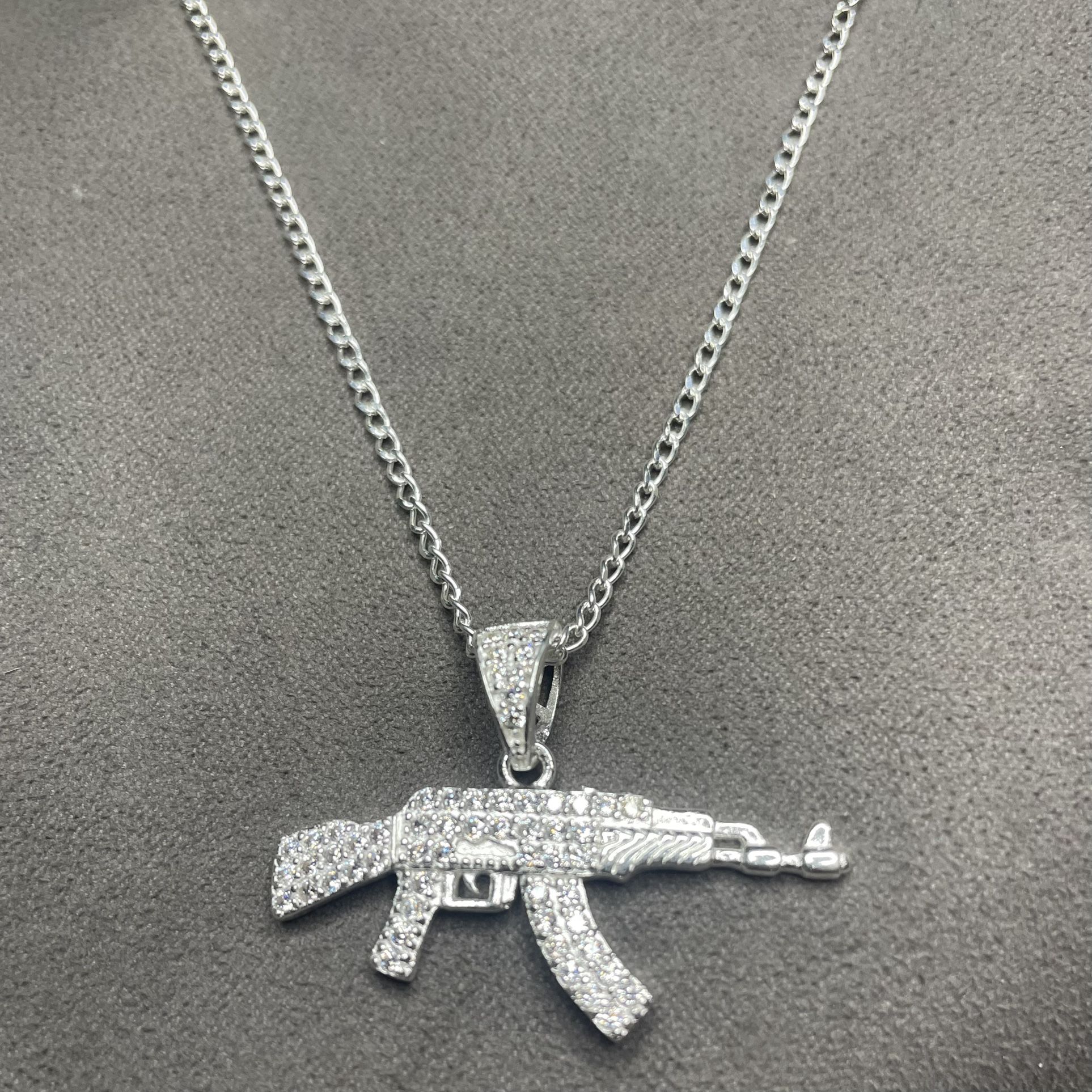 925 Sterling Silver Iced AK-47 Pendant with 20in Chain