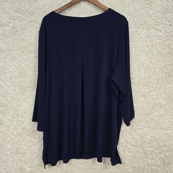 Susan Graver Top Women 4X Tunic Blue Liquid Knit 3/4 Sleeve Mature Career