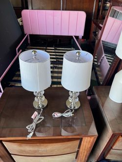 Pair of Crystal Ball Table Lamps $25 one white bottle shape lamp $15 two brown lamps one a ding on shade $20