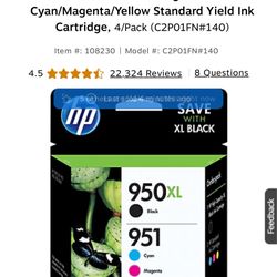 HP 950XL/951 Black High Yield and Cyan/Magenta/Yellow Standard Yield Ink Cartridge, 