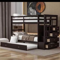 Twin Over Twin Wood Bunk Bed with Trundle and Storage Staircase