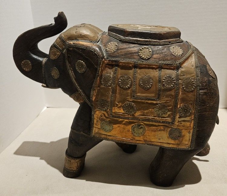 Elephant Figure Carved Wood and Metal Accent Trunk Up 6"W, 10"H,14"L