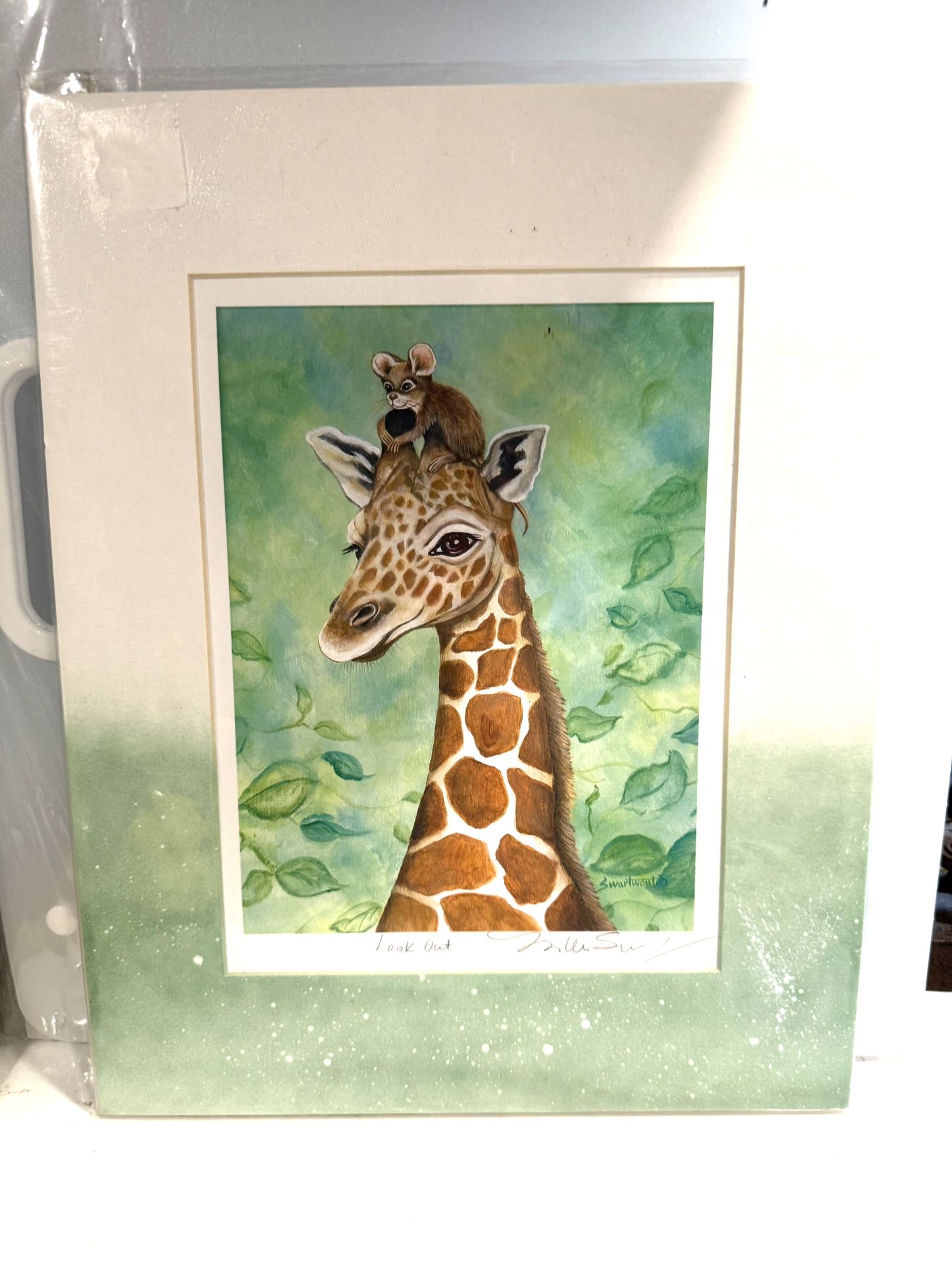 Adorable Giraffe & Mouse Artist Signed Matted Print by Mishell Swartwout 11” x 14” ready to frame   Titled “Look Out” 
