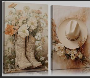 16x24 2pcs Vintage Western Cowgirl Canvas Wall Art: Coastal Cowgirl Boots & Hats Posters - Trendy Preppy Dorm Room & Living Room Wall Decor