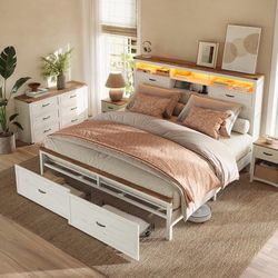 King Bed Frame, Storage Headboard, 4 Drawers, LED Lights Farmhouse, 51.3-Inch Tall, Charging Station, Noise-Free, No Box Spring Needed, Rustic White,