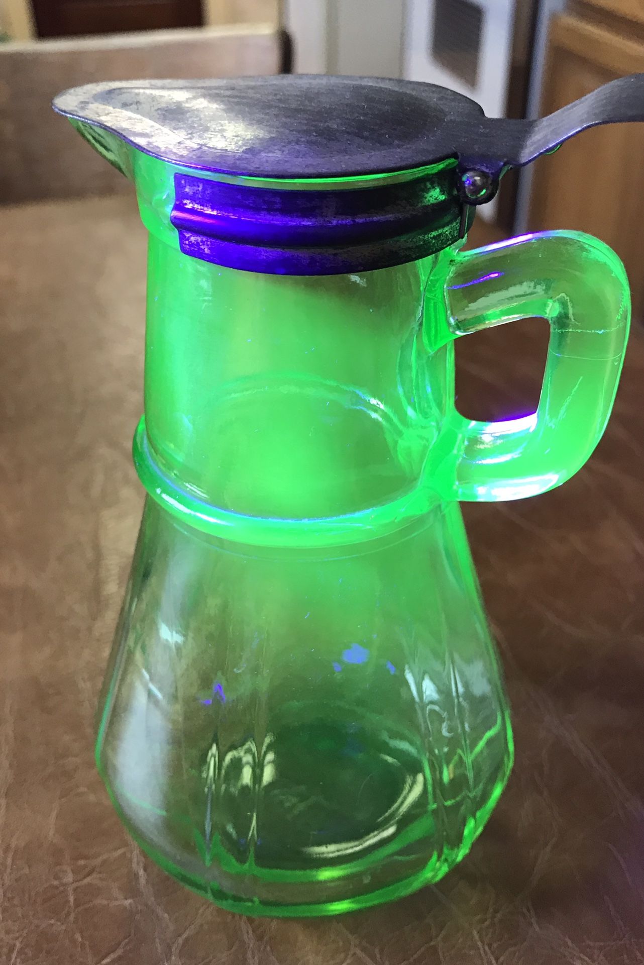 Antique Hazel Atlas Uranium Green Depression Glass Syrup Pitcher