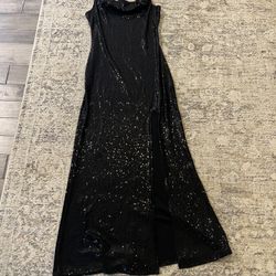 black sequined maxi dress by Jump Apparel, featuring a cowl neck, spaghetti straps. Size M.