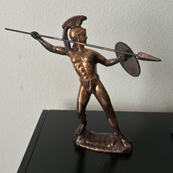 GREEK WARRIOR STATUE SPEAR & SHIELD ANTIQUE SCULPTURE MARBLE BASE COPPER BRONZE