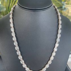 14k solid white and rose gold Bussdown diamond vvs baguette and round natural stones two tone necklace chain iced out Thumbnail